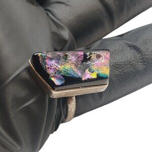 Dichroic Glass Ring Vintage 70's 80's 90's Tarnished Sterling Silver Jewelry